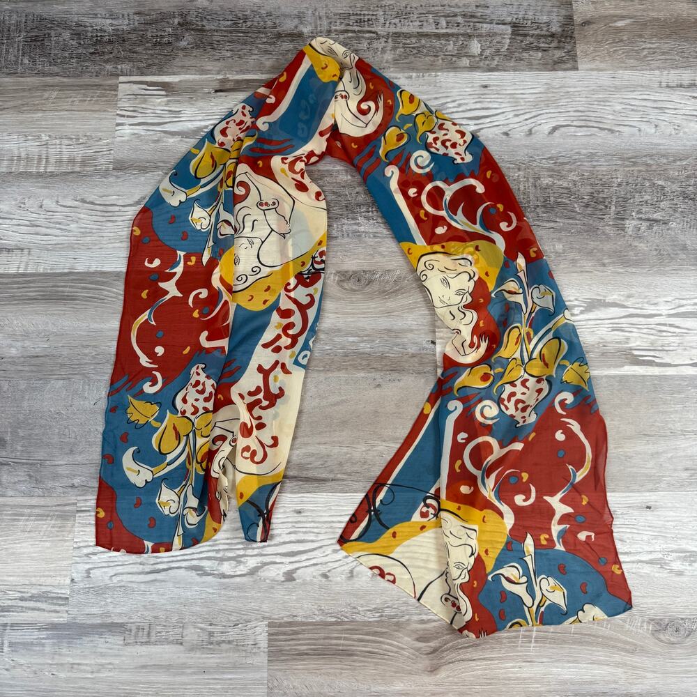 Vintage Silk 60s 70s Figural Art Print Long Scarf Red Blue Woman Floral 66"